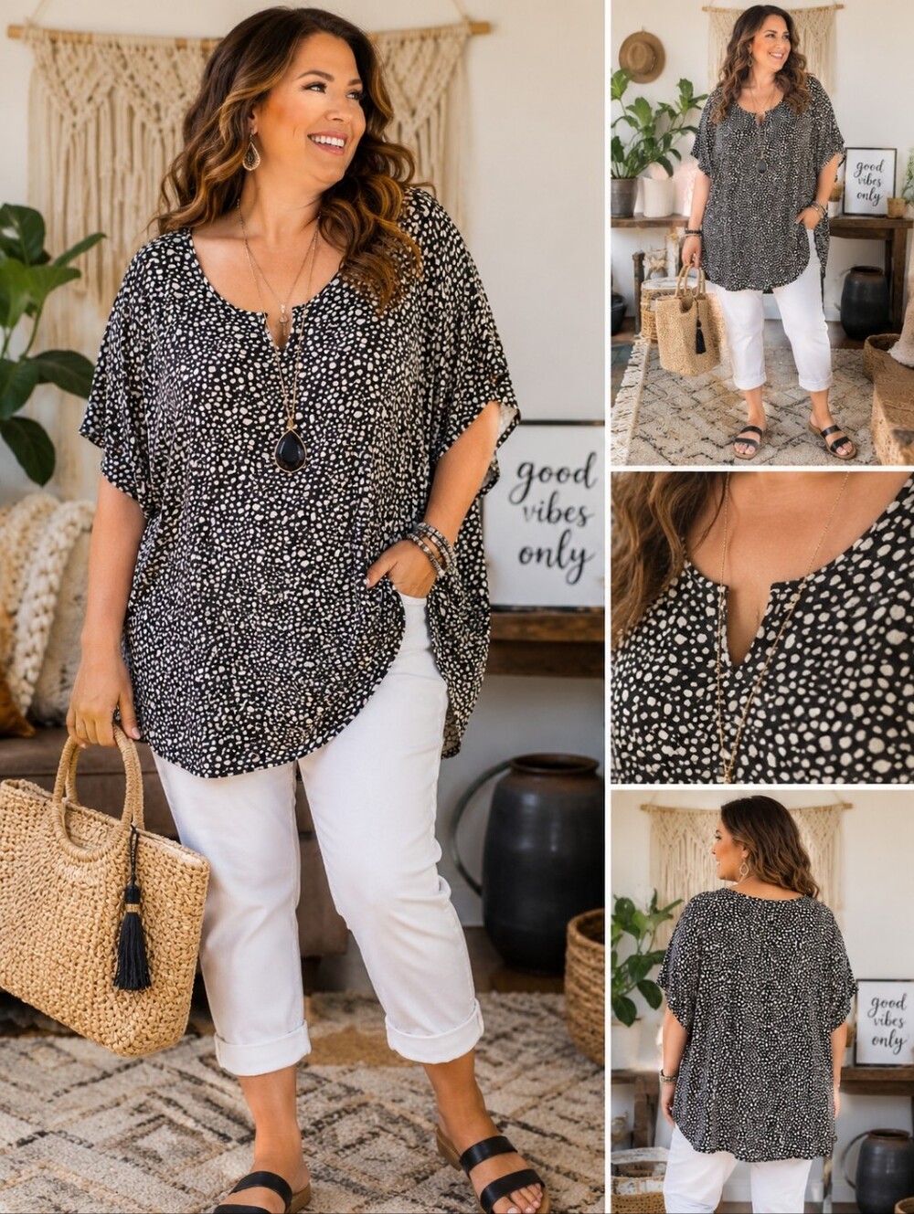 Avenue Plus Size 26/28 Black White Spot Tunic Top Pockets NWT